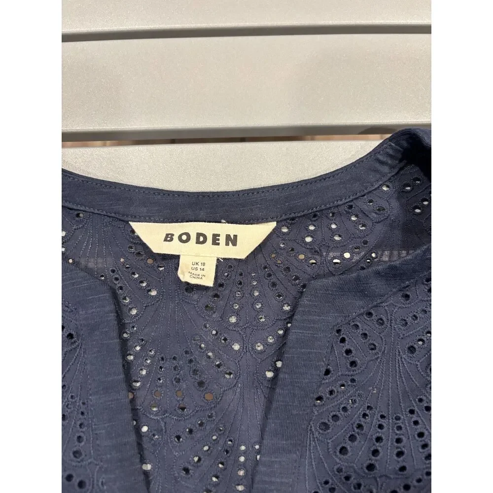 Boden Blouse Womens Size 14 Navy Blue Puff Sleeve Eyelet